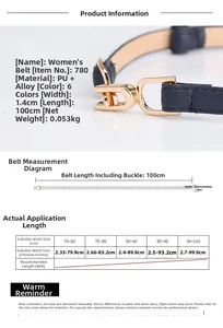 Size chart showing dimensions for women's 1.4cm slim leather belt with D-ring buckle
