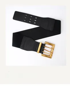 Details des schwarzen elastischen Taillengürtels mit matter goldener rechteckiger Schnalle