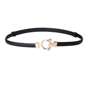 Women's minimalist black leather belt with light gold OT buckle for dresses