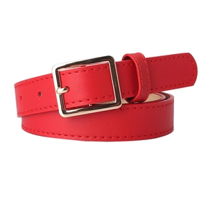 Red leather fashion belt for women featuring a gold square buckle and fine red stitching