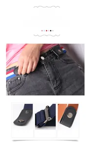 Detail of adjustable elastic no-show belt with leather ends and metal snaps on jeans