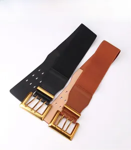 Detailansicht elastischer Taillengürtel in Schwarz und Braun mit goldener Doppelstegschnalle