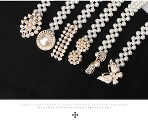Detail von eleganten Perlen-Taillenketten mit goldenen Strass-Schnallen in diversen Designs