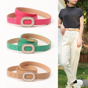 Lot de trois fines ceintures en cuir PU pour femme avec boucles ovales en perles
