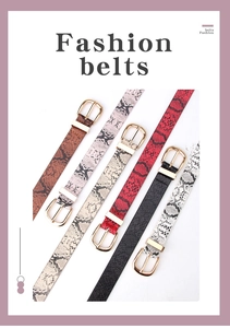 Set of five thin belts with snake and leopard patterns and golden alloy buckles