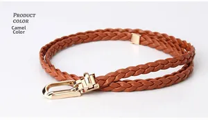 Detail of camel braided belt for women featuring a gold horse-eye buckle and textured weave