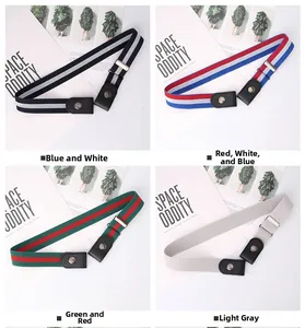 Detailed view of four invisible elastic belts in stripe patterns and faux leather ends