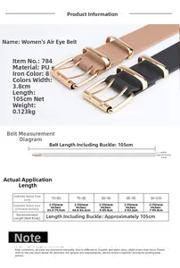 Detailed size chart for double prong eyelet belt showing 105cm length and 3.8cm width specifications