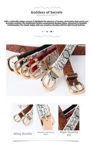 Detail view of women's snakeskin PU leather belt with polished gold alloy buckle