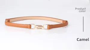 Close-up of elegant camel leather belt with a golden interlocking buckle and smooth texture