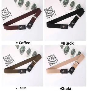 Detail view of no-buckle elastic belts in coffee, black, green, and khaki colors