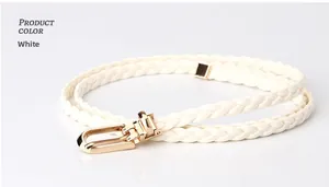 Detailed view of white braided leather belt with high-quality golden metal buckle clasp