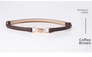Detail of coffee brown skinny belt for women with geometric gold buckle on light surface