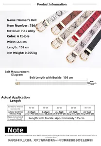 Size chart for women's PU leather belt with snake print and alloy buckle specifications