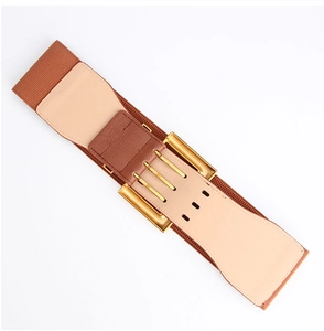Nahaufnahme brauner elastischer Taillengürtel mit goldener Schnalle und Lederstruktur