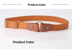 Vue détaillée de la ceinture élastique camel avec boucle ronde et embouts en cuir