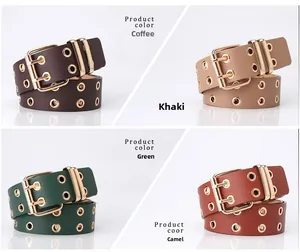 Detailed view of four colorful punk-style belts with double metal eyelets and square buckles