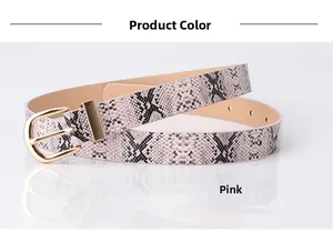 Detailed view of pink snake pattern PU leather belt with golden buckle and adjustment holes
