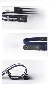 Detail showing elastic buckle-free belt strap with navy blue fabric and metal hardware