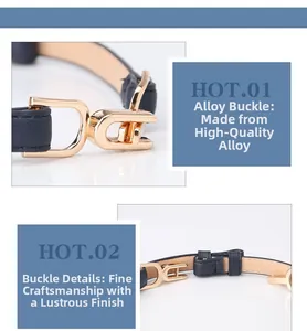 Close-up of sleek navy thin belt with polished gold D-ring buckle and alloy finish