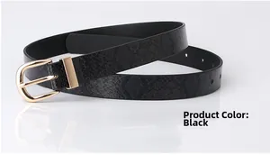 Close-up of black snake pattern leather belt with golden U-shaped metal buckle