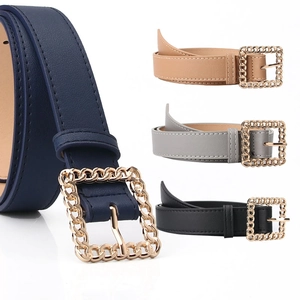 Damen Mode Kunstleder Gürtel Goldene Quadratische Ketten Schnalle Elegant Minimalistisch Dekorativ Taillengürtel Für Jeans