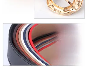 Detail of multi-color PU leather belts for women with polished gold metal buckle set