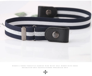 Detail view of blue and white striped elastic buckle-free belt with black leather and metal snaps