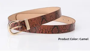 Detail view of camel leather belt with snake pattern texture and gold buckle for women