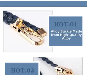 Detail view of woven blue belt strap featuring a polished golden alloy buckle closure