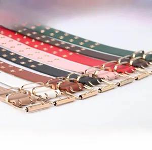 Detail showing colorful PU leather belts with double rows of golden eyelets and buckles