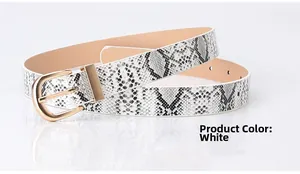 Detail of white snakeskin pattern belt with golden oval buckle on white background