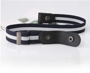 Detail of navy and white striped elastic belt with black leather buckle and retro snap button