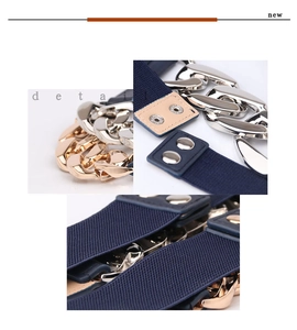 Détails de la ceinture élastique bleu foncé avec chaîne métallique dorée et argentée