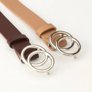 Classic women's thin leather belt set in brown and khaki with minimalist double ring buckle
