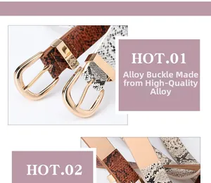 Detail of thin women's belts with snake skin pattern and polished golden alloy buckles