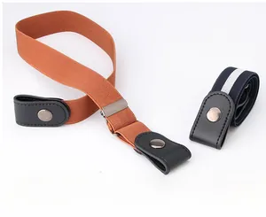 Detail of invisible elastic belts in brown and blue stripes with leather ends