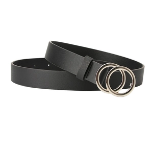 Women's minimalist black leather belt featuring a classic silver double O-ring metal buckle