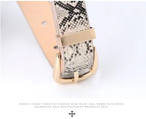 Detail of elegant beige faux snakeskin belt with a polished gold-tone metal buckle