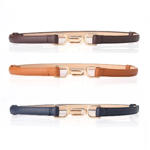 Women Fashion Thin Waist Belt PU Leather Interlocking Gold Alloy Buckle Skinny Decorative Dress Belt For Suits Ladies Accessories