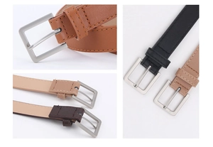 Dettaglio di cinture da donna minimaliste con fibbie quadrate argento opaco e cuciture fini