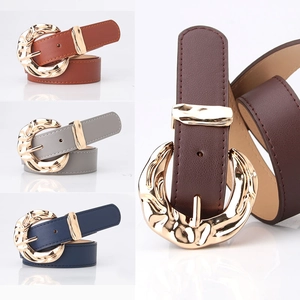 Women Fashion PU Leather Belt Irregular Gold Metal Buckle Adjustable Waistband For Jeans Dress Casual Elegant Accessory