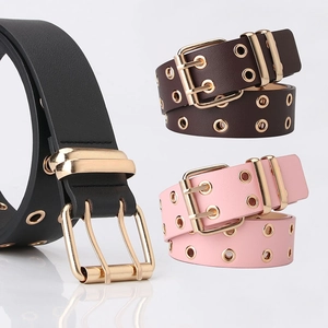 Fashion Women PU Leather Belt Double Row Metal Eyelets Dual-Prong Square Buckle Punk Casual Jeans Waistband For Ladies