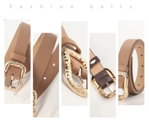 Detail showing vintage golden floral buckle and textured faux leather fashion belt