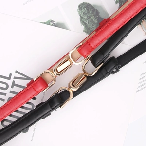 Elegant thin leather belt for women with golden interlocking buckle in red and black
