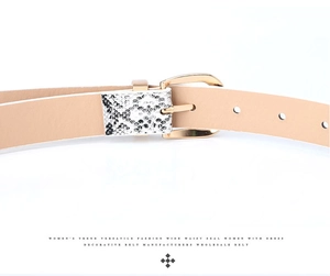 Detail of thin beige leather belt with snake print trim and polished gold buckle
