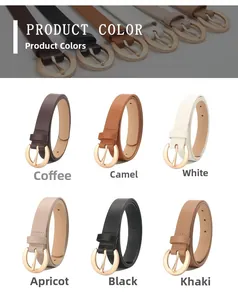 Détail de ceintures fines pour femmes en six couleurs avec boucles dorées rondes