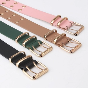 Fashion double prong buckle belts with dual eyelets in pink, brown, green and black colors
