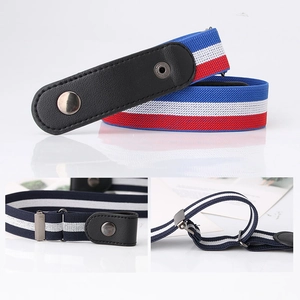 Unisex invisible stretch belt with red white blue stripes and black leather button ends