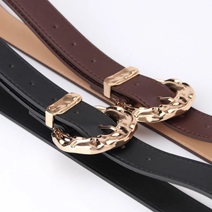 Black and brown fashion belts with irregular hammered gold metal buckles for women